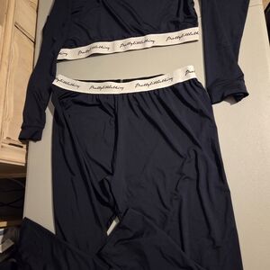 PrettyLittleThing Navy Branded Long Sleeve Crop Top & Lounge Pants
